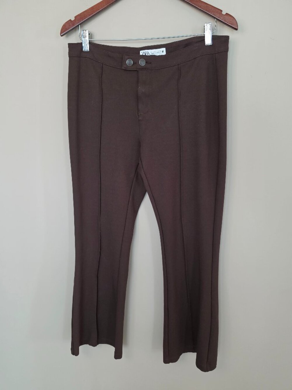 Zara Ponte Knit Mid-Rise Front Seam Chocolate Brown Flare Pants Size 12